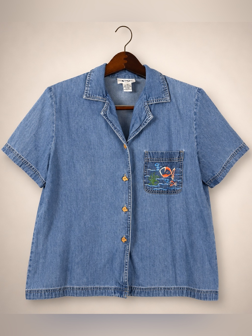 Vintage Original TY Wear Denim Fish Embroidered Shirt 12 Novelty Buttons